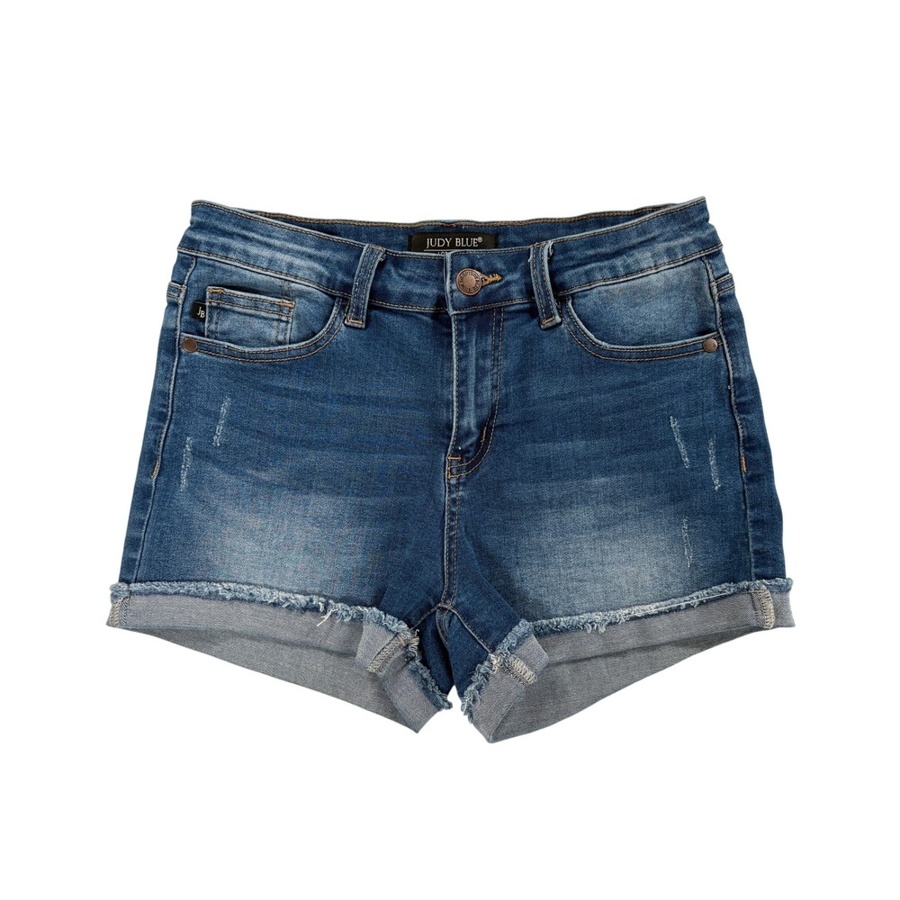 Judy Blue Women's 26 Denim Shorts – Distressed Frayed Hem Medium Wash